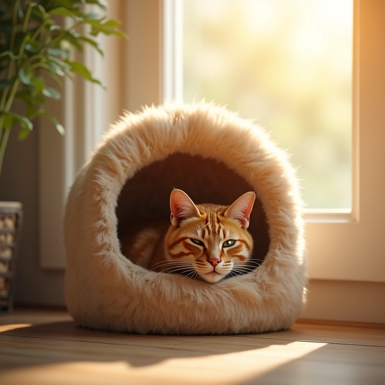 Casinha de gato perto da janela ensolarada.