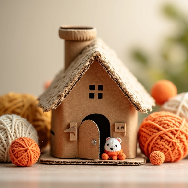 Casinha de papelão feita de amigurumi, com detalhes em crochê.