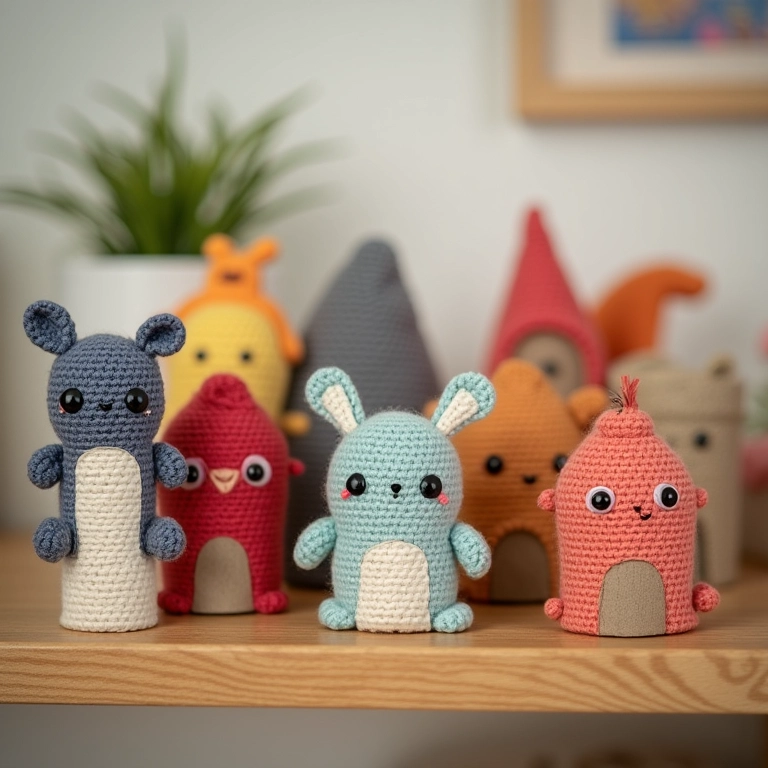 Casinhas de amigurumi feitas com rolos de papel.