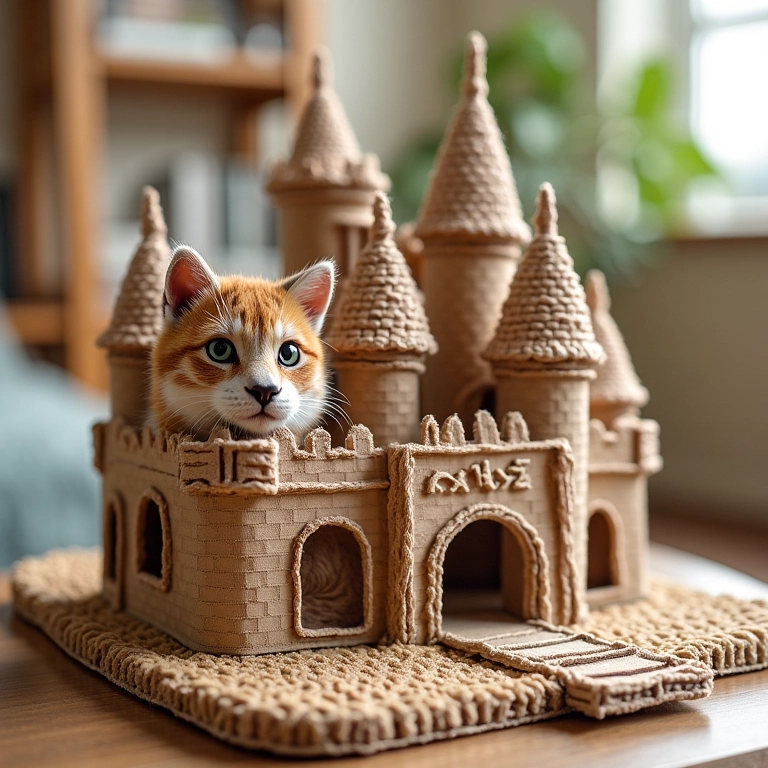 Castelo de papelão para gatos feito de crochê.