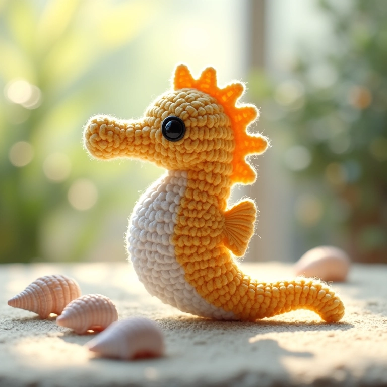 Cavalo-marinho de amigurumi com pequenas conchas.
