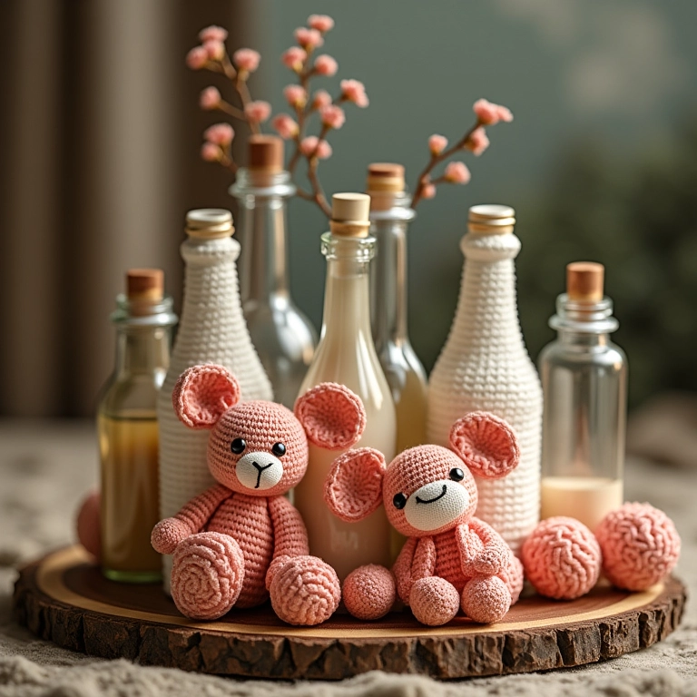 Centro de mesa elegante com amigurumis e garrafas de vidro.