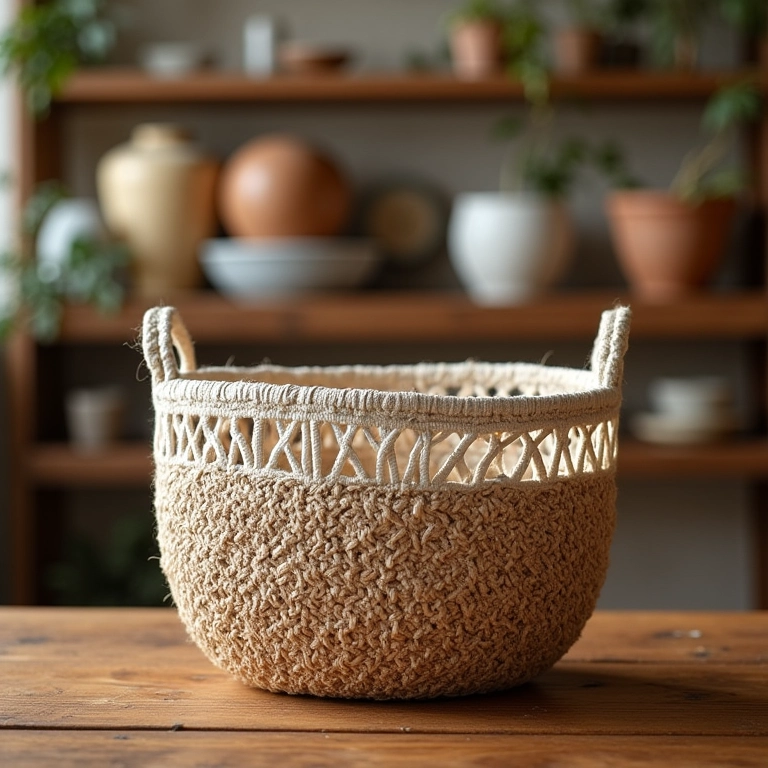 Cesto de crochê vintage com base de MDF em loja de segunda mão.