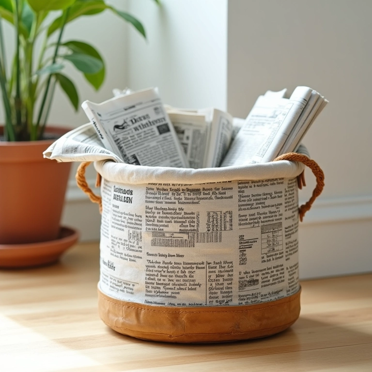 Cesto de jornal com forro de tecido e base de madeira, materiais alternativos.