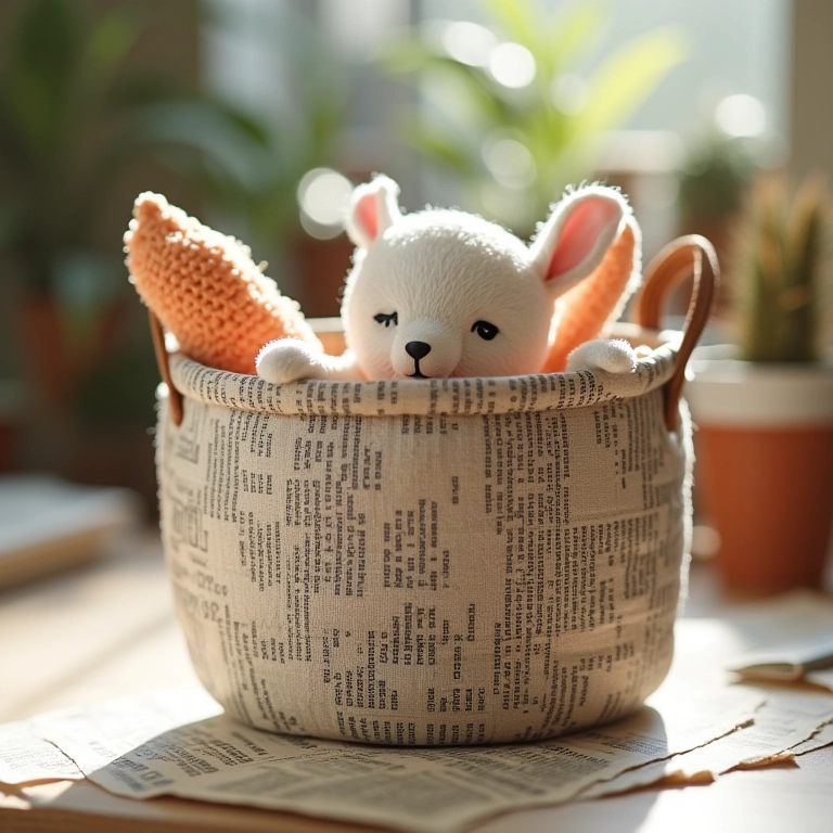 Cesto de jornal de amigurumi com alças reforçadas.