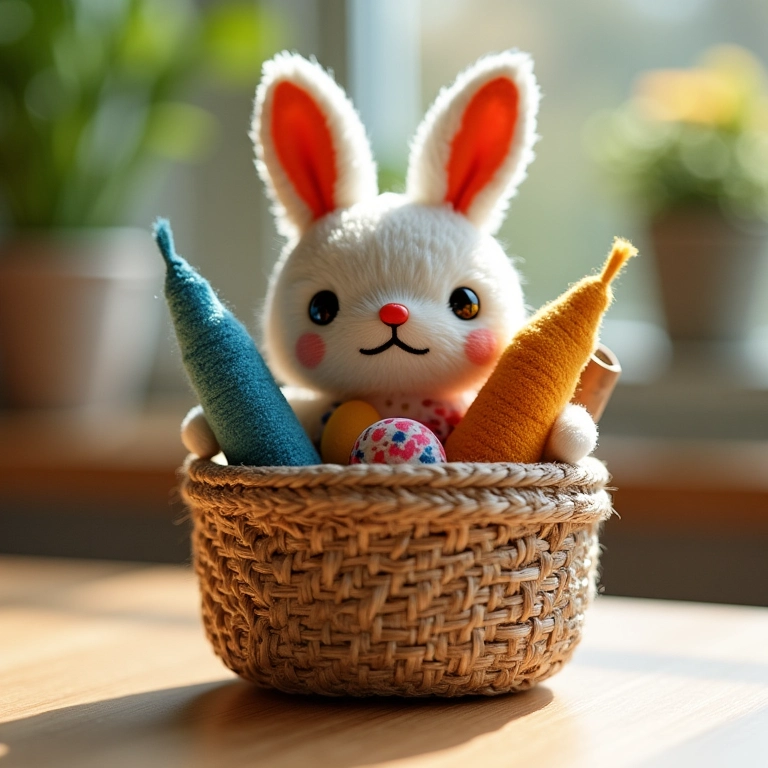 Cesto de jornal de amigurumi com cores e texturas combinadas.