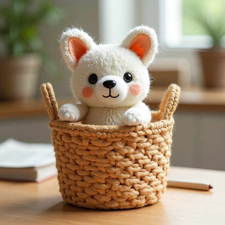 Cesto de jornal de amigurumi com design trançado.