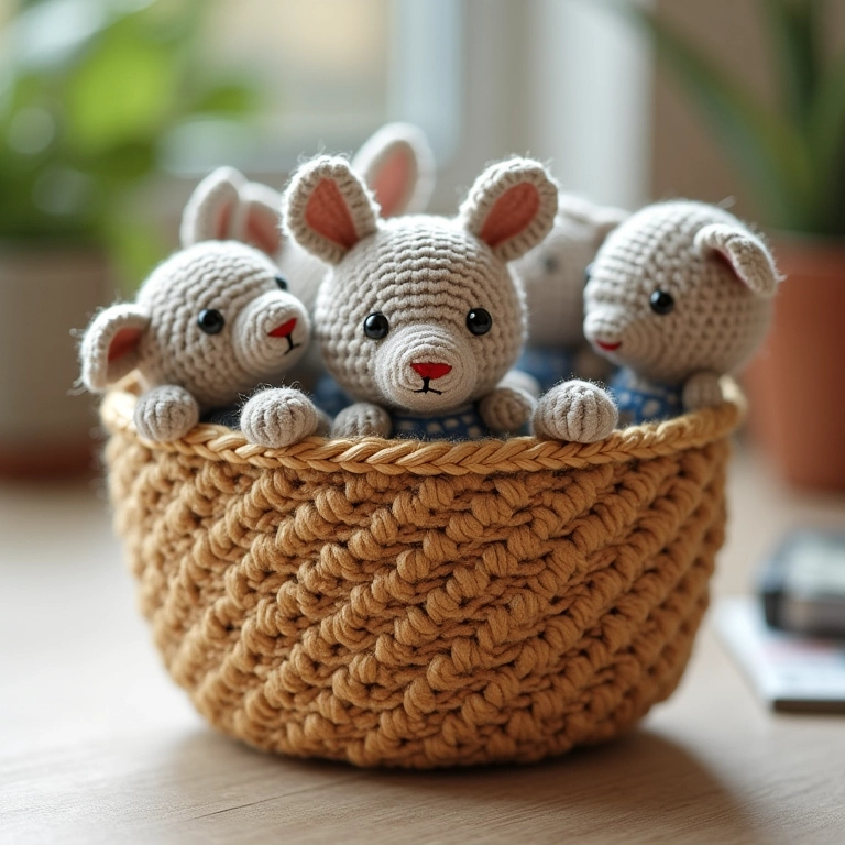 Cesto de jornal de amigurumi com laterais trançadas detalhadamente.