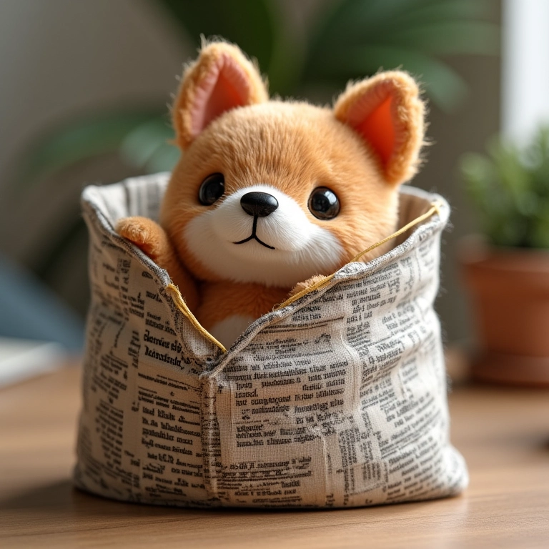 Cesto de jornal de amigurumi encapado com tecido.