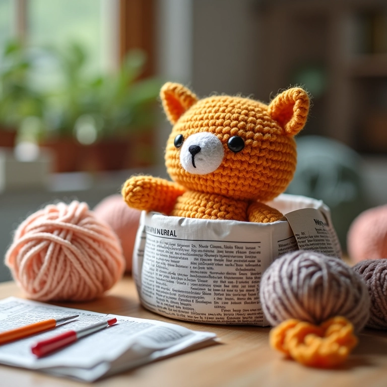 Cesto de jornal feito de amigurumi em cima de uma mesa de artesanato.