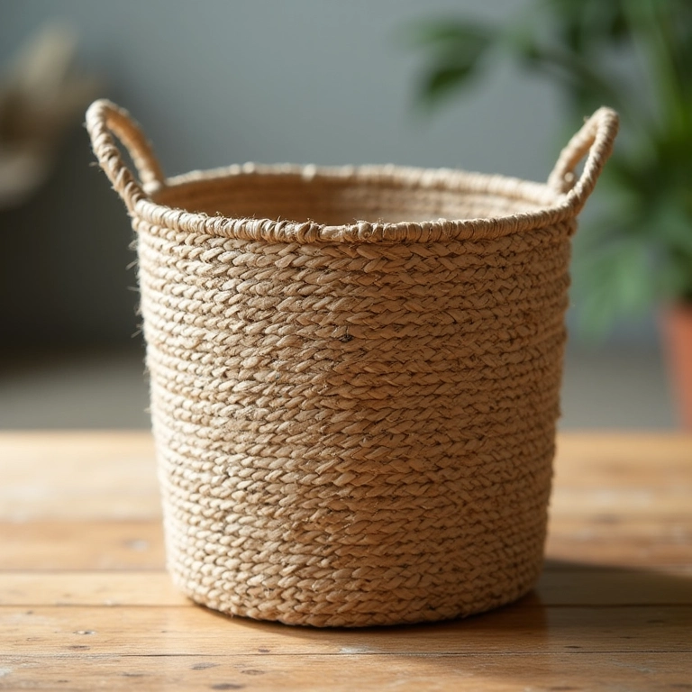 O formato de cesta de jornal mais resistente que existe Cesto de jornal resistente com trama intrincada sobre mesa de madeira rústica.