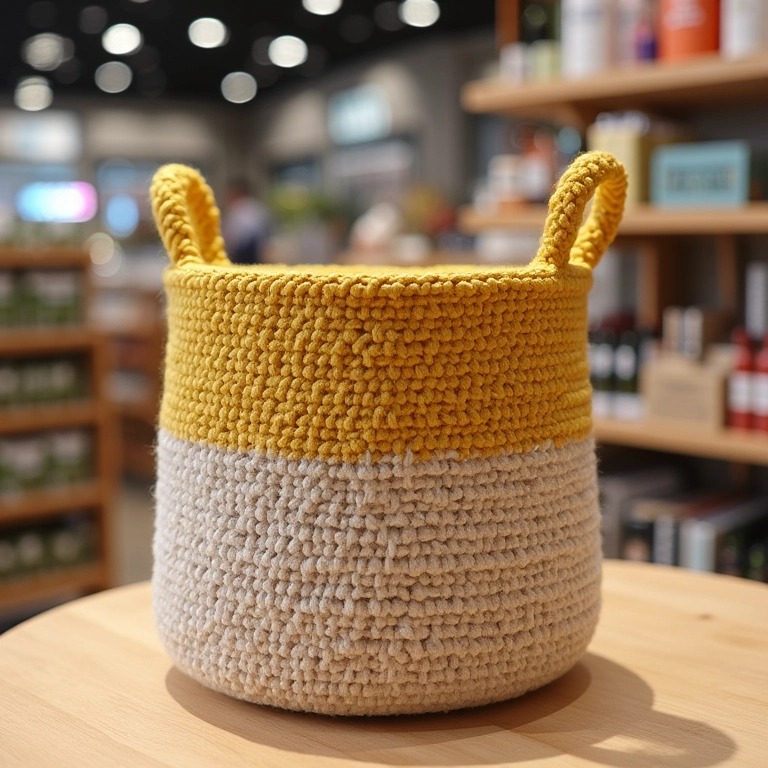 Cestos de crochê com base de MDF à venda em loja de departamento.