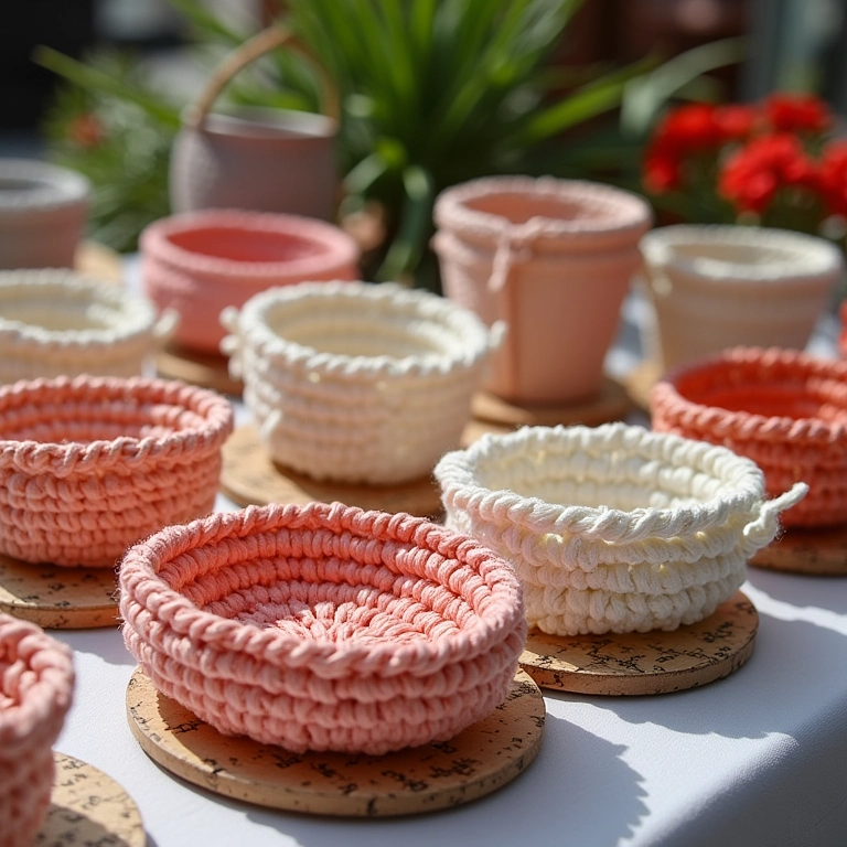 Cestos de crochê com base de MDF expostos em feira de artesanato.