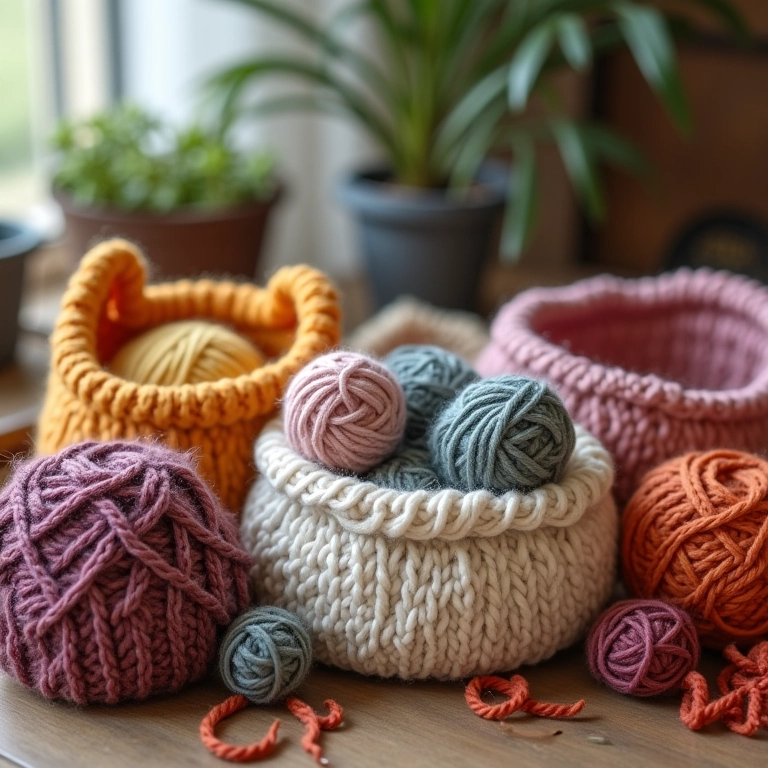 Cestos de crochê em diferentes estágios de confecção.