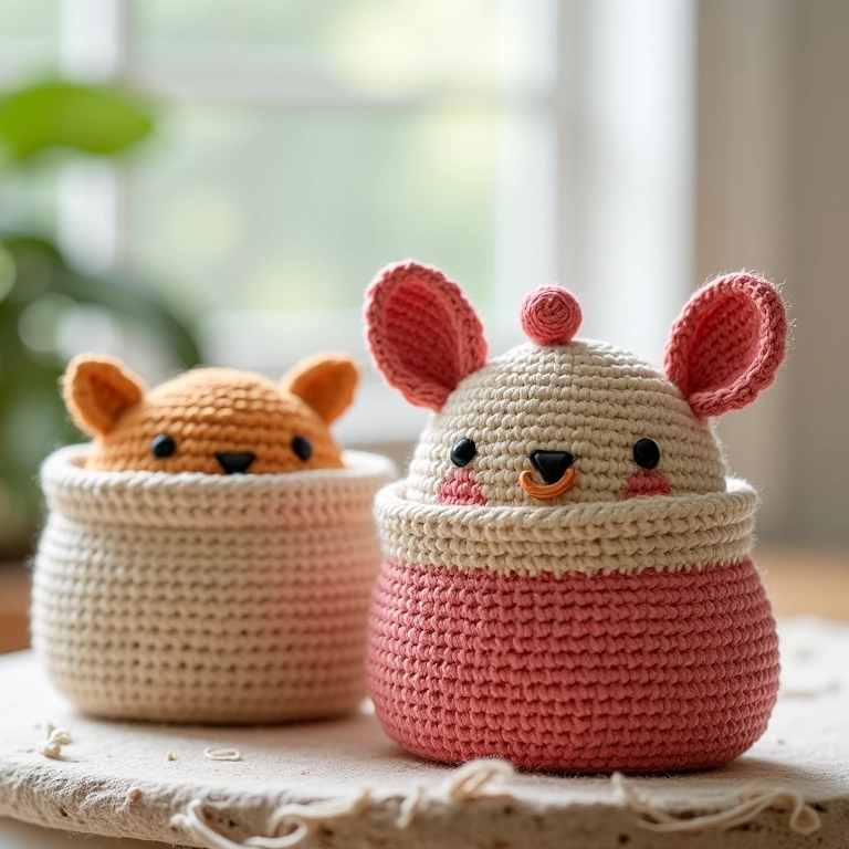 Cestos organizadores de crochê com amigurumis.