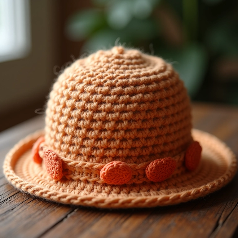 Chapéu de crochê com ponto caranguejo na borda.