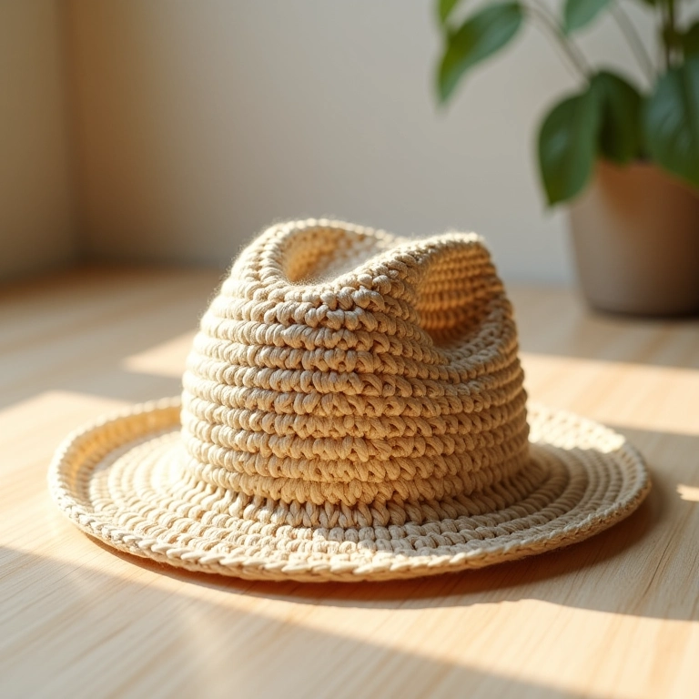 Chapéu de crochê feito com fio de ráfia.