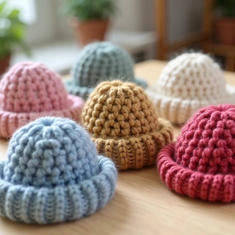 Chapéus de crochê estruturados em mesa de madeira clara.