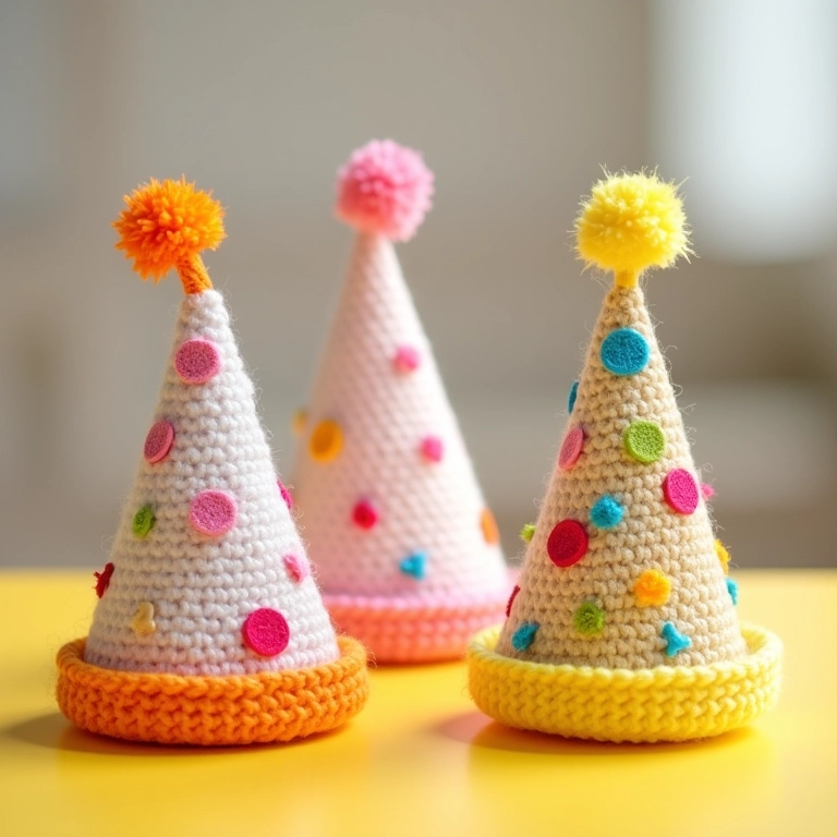Chapéus de festa personalizados em amigurumi.