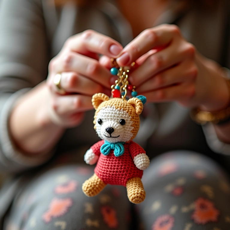 Chaveiro de amigurumi com miçangas coloridas.