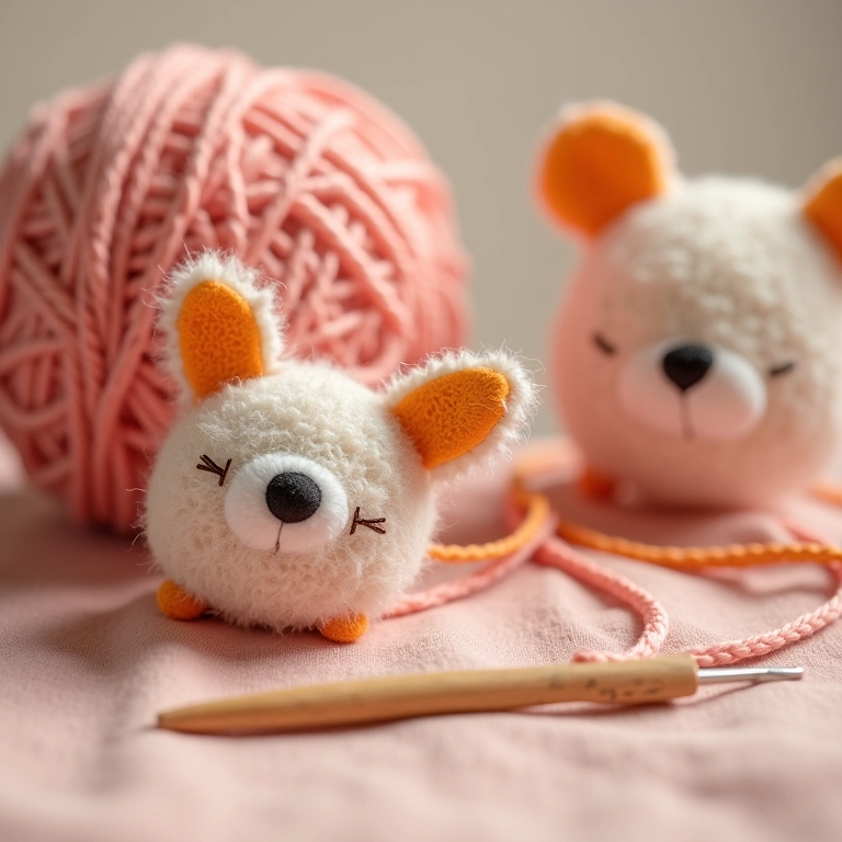 Chaveiros amigurumi e materiais de crochê em fundo suave.