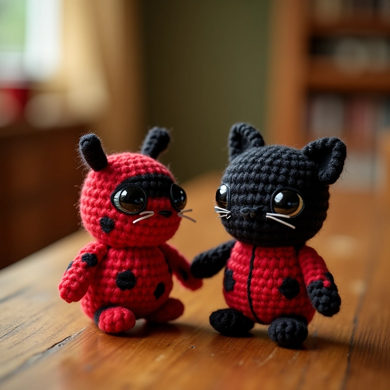Chaveiros de amigurumi da Ladybug e Cat Noir.