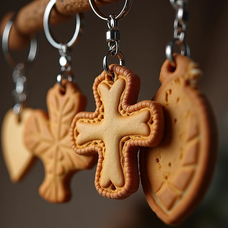 Chaveiros de biscuit temáticos para batizado com símbolos religiosos e design artesanal.