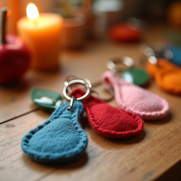 Chaveiros de feltro artesanais em uma mesa aconchegante com materiais de crochê ao redor.