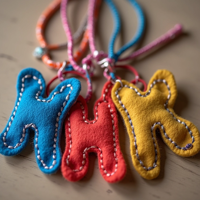 Chaveiros de feltro com letras e nomes bordados à mão com linhas coloridas.