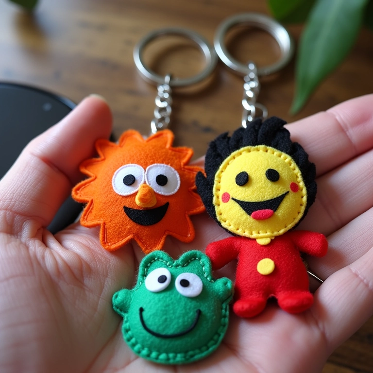 Chaveiros de feltro com personagens da cultura pop, feitos com feltro colorido e expressões alegres.