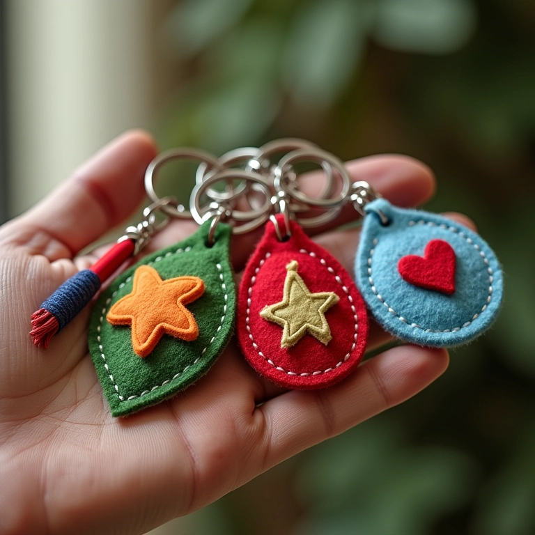 Chaveiros de feltro com símbolos e objetos representando hobbies e interesses diversos.