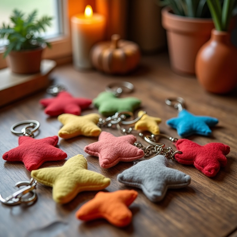 Chaveiros de feltro em diversas formas criativas, como animais e objetos.