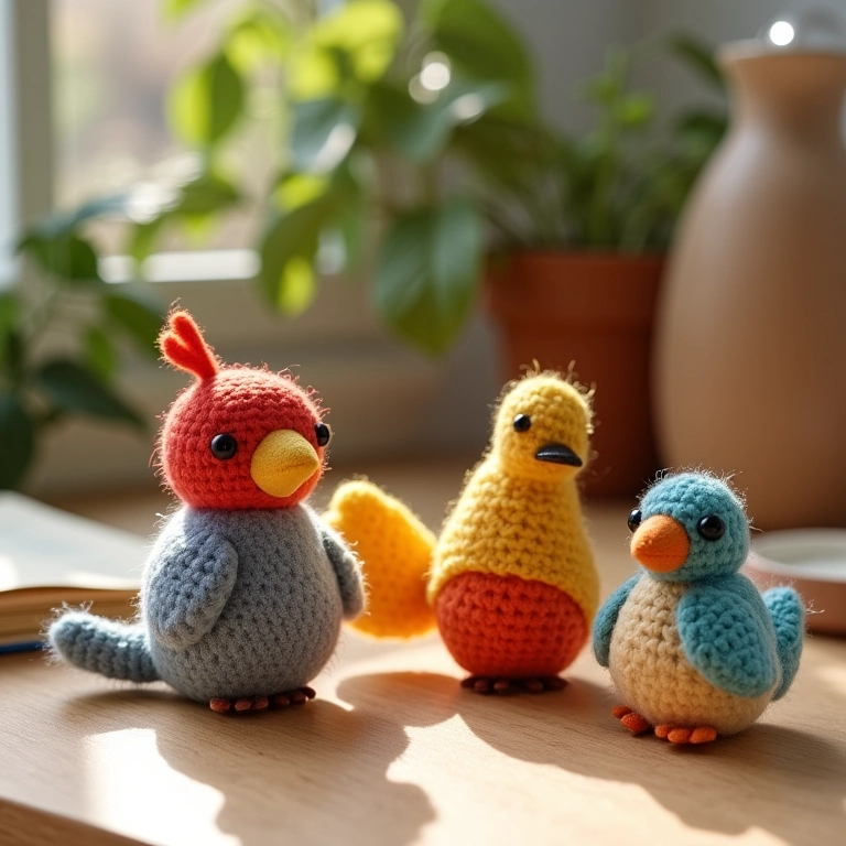 Chaveiros de passarinho de amigurumi em feltro.