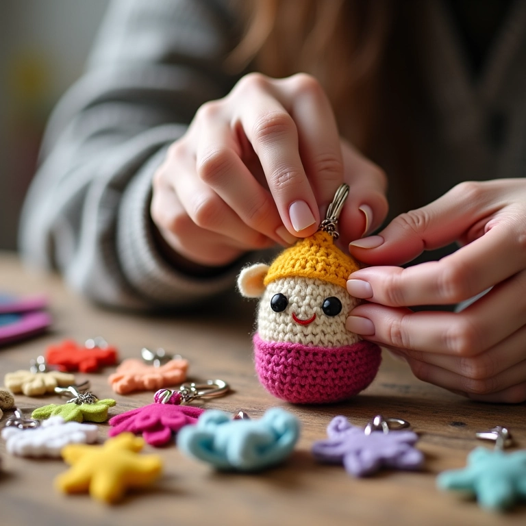 Chaveiros personalizados de amigurumi com detalhes em feltro, feitos à mão.
