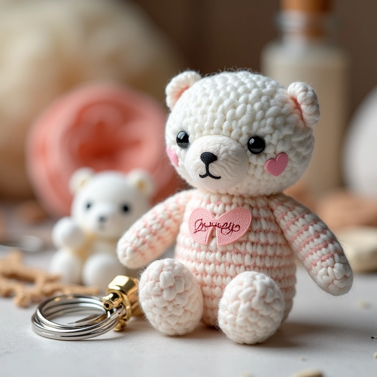 Chaveiros personalizados de amigurumi para lembrancinha de batizado.