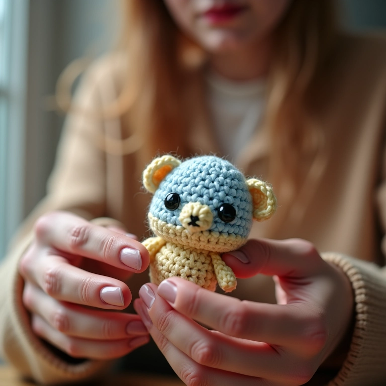 Chaveiros personalizados de crochê amigurumi, detalhe das mãos crocheteando.