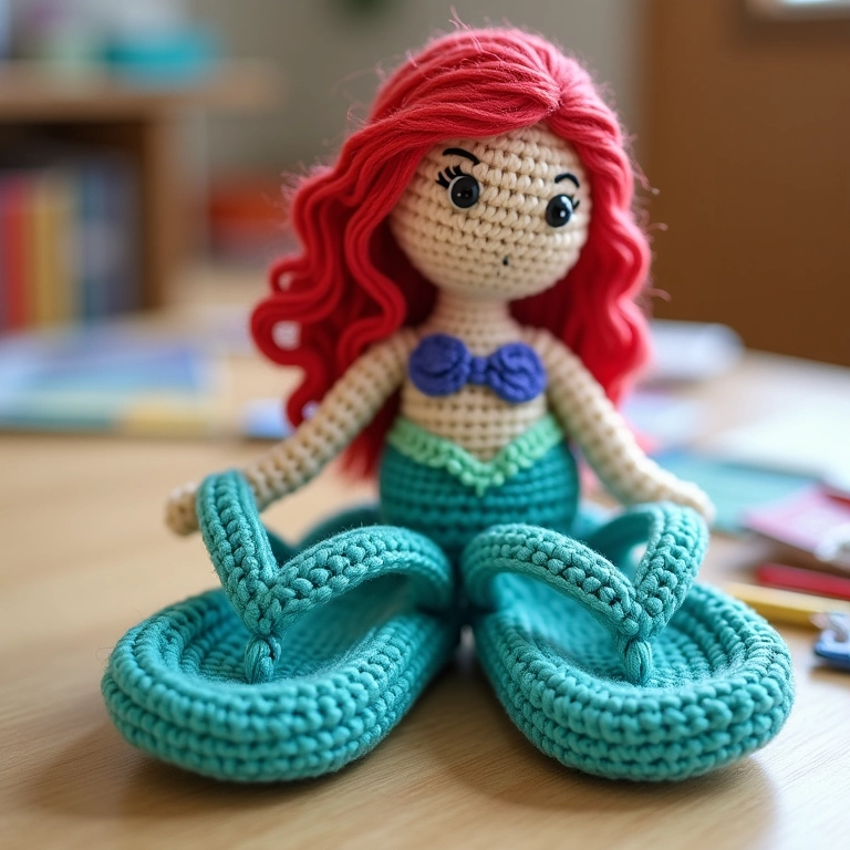 Chinelos personalizados com tema Ariel em crochê.