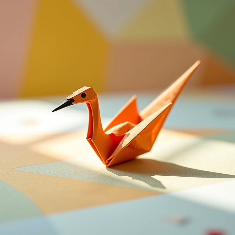 Cisne de origami em amigurumi sobre papel colorido.