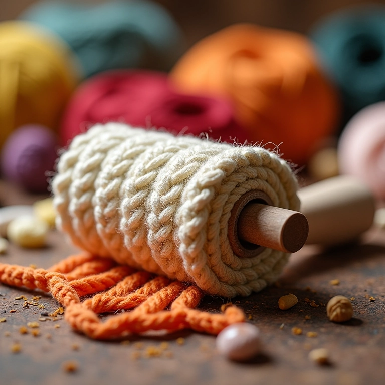Close-up da textura de crochê de um amigurumi de rolo de pintura com rolos de papel higiênico coloridos.
