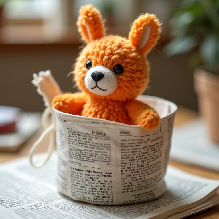 Close-up das bordas reforçadas de um cesto de jornal de amigurumi.