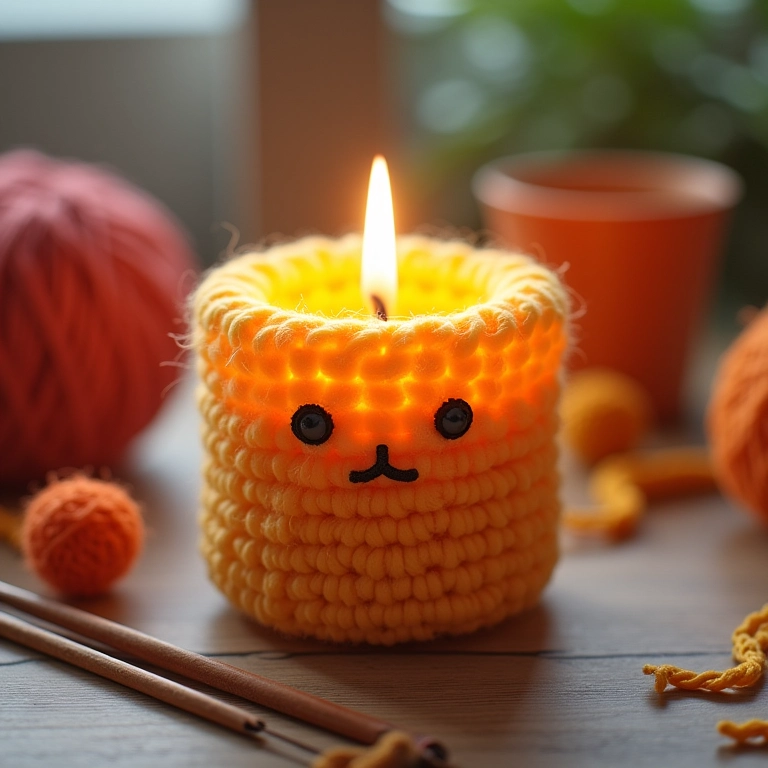 Close-up de amigurumi de vela com cortes simples em crochê.
