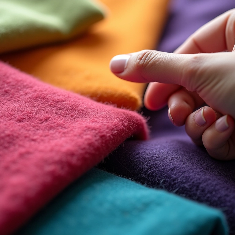 Close-up de diferentes tipos de feltro, mostrando texturas e cores, com uma mão tocando o tecido.