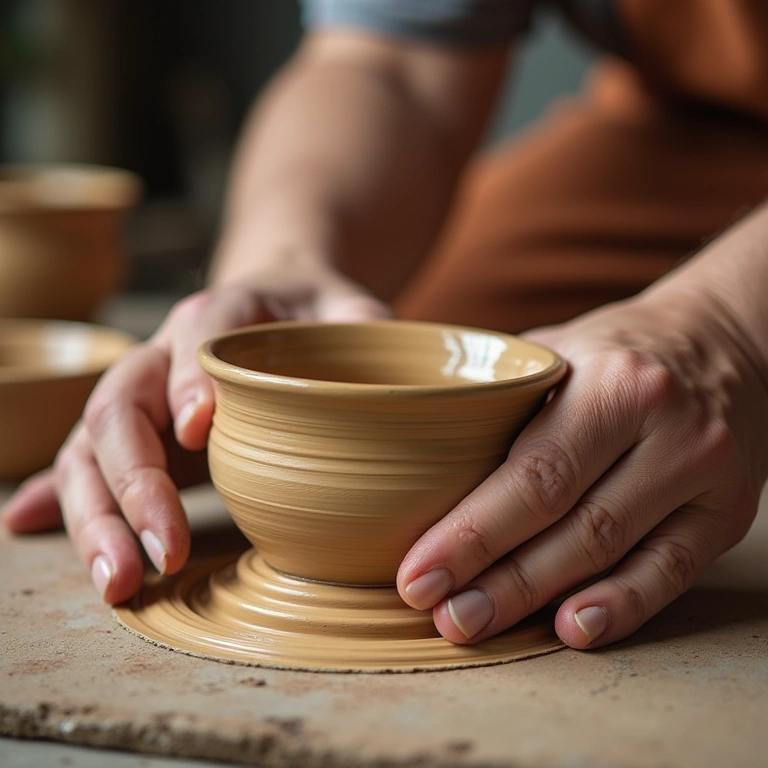Close-up of diverse hands crafting pottery, natural light, vibrant colors, professional Mãos habilidosas moldando cerâmica artesanal.