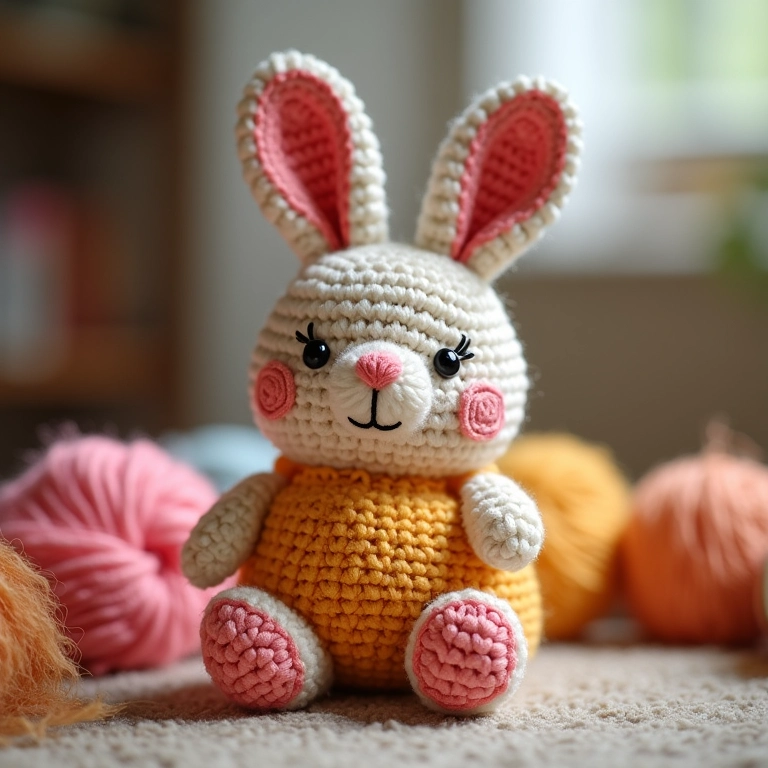 Coelho amigurumi com técnica swipe, cores vibrantes.