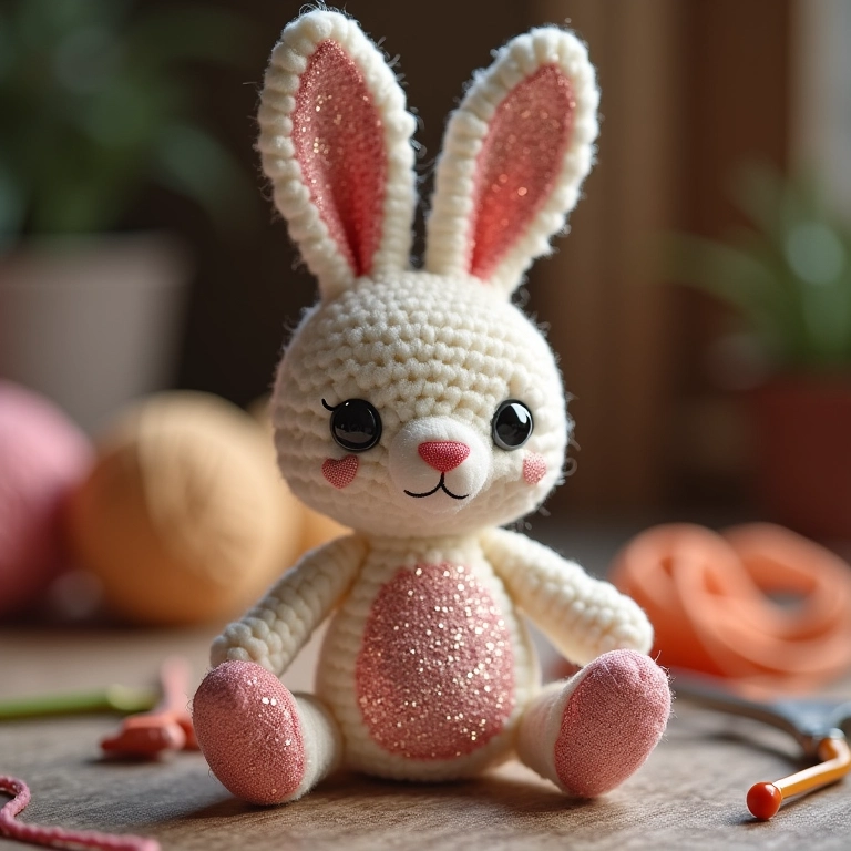 Coelho de amigurumi brilhante com detalhes em glitter.