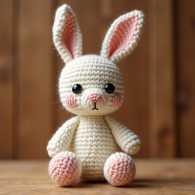 Coelho de amigurumi com ponto relevo duplo, textura marcante.