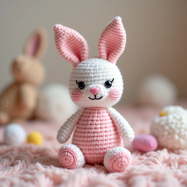 Coelho de amigurumi em tons pastel, representando a terapia do crochê.