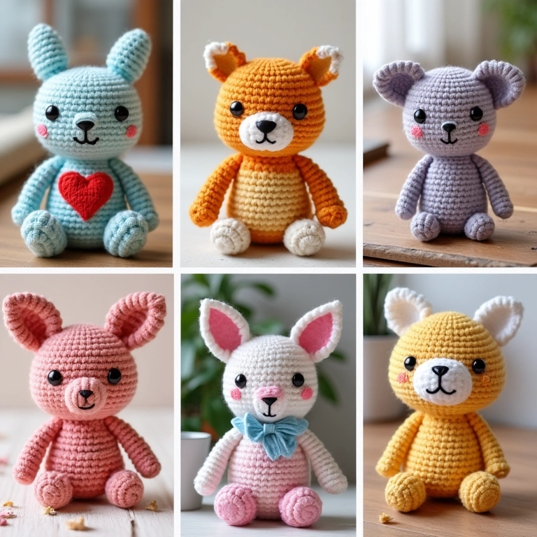 Colagem de puffs redondos de crochê amigurumi com diferentes designs.