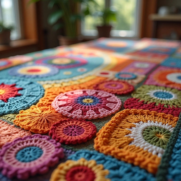 Colcha de amigurumi colorida feita com a técnica jelly roll, perfeita para decorar e aquecer.