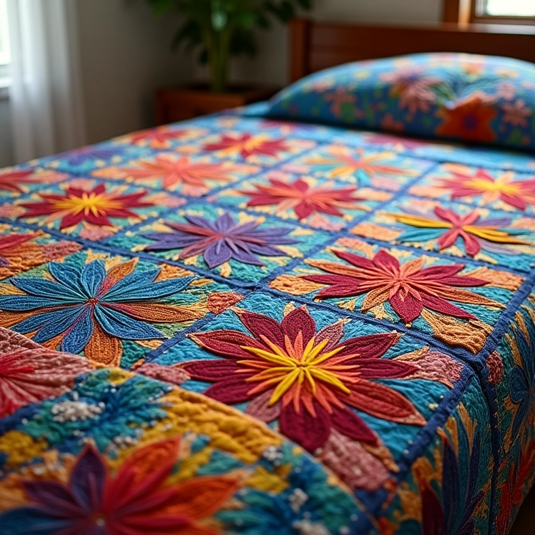 Colcha de fuxico colorida com padrão único.